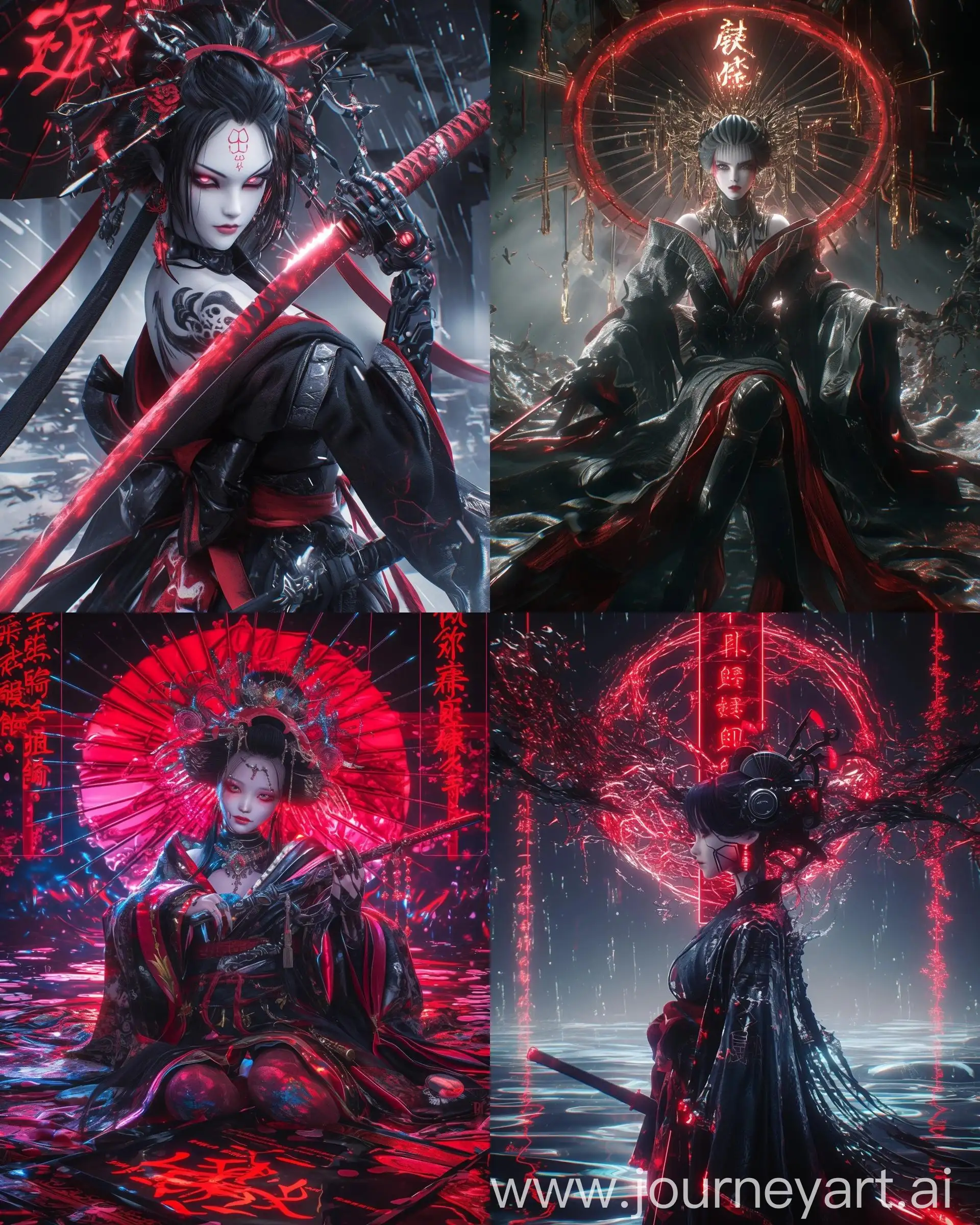 Gothic-Geisha-with-Cyberpunk-Weapon-in-NeoJapanese-Setting