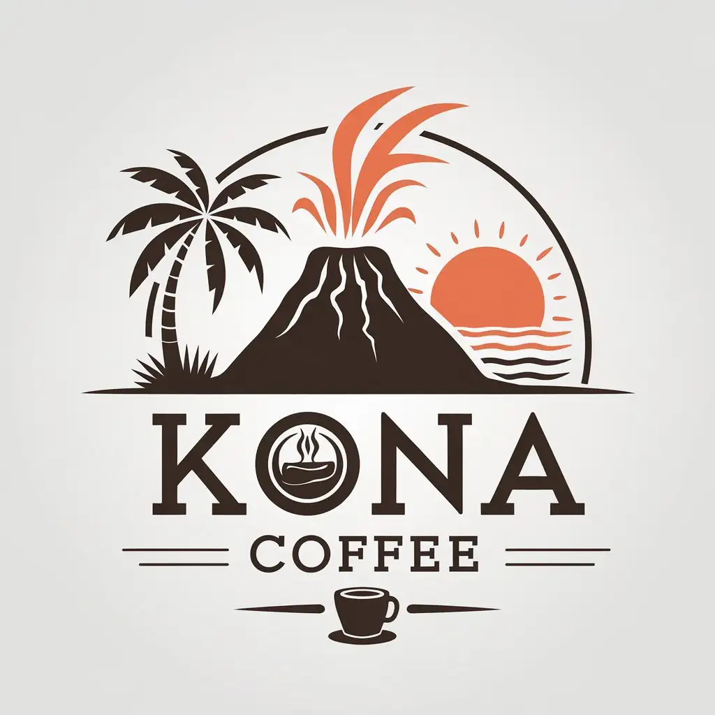 LOGO Design for Kona Coffee Volcano Tropical Coconut Tree Sunrise Coffee Cup Theme