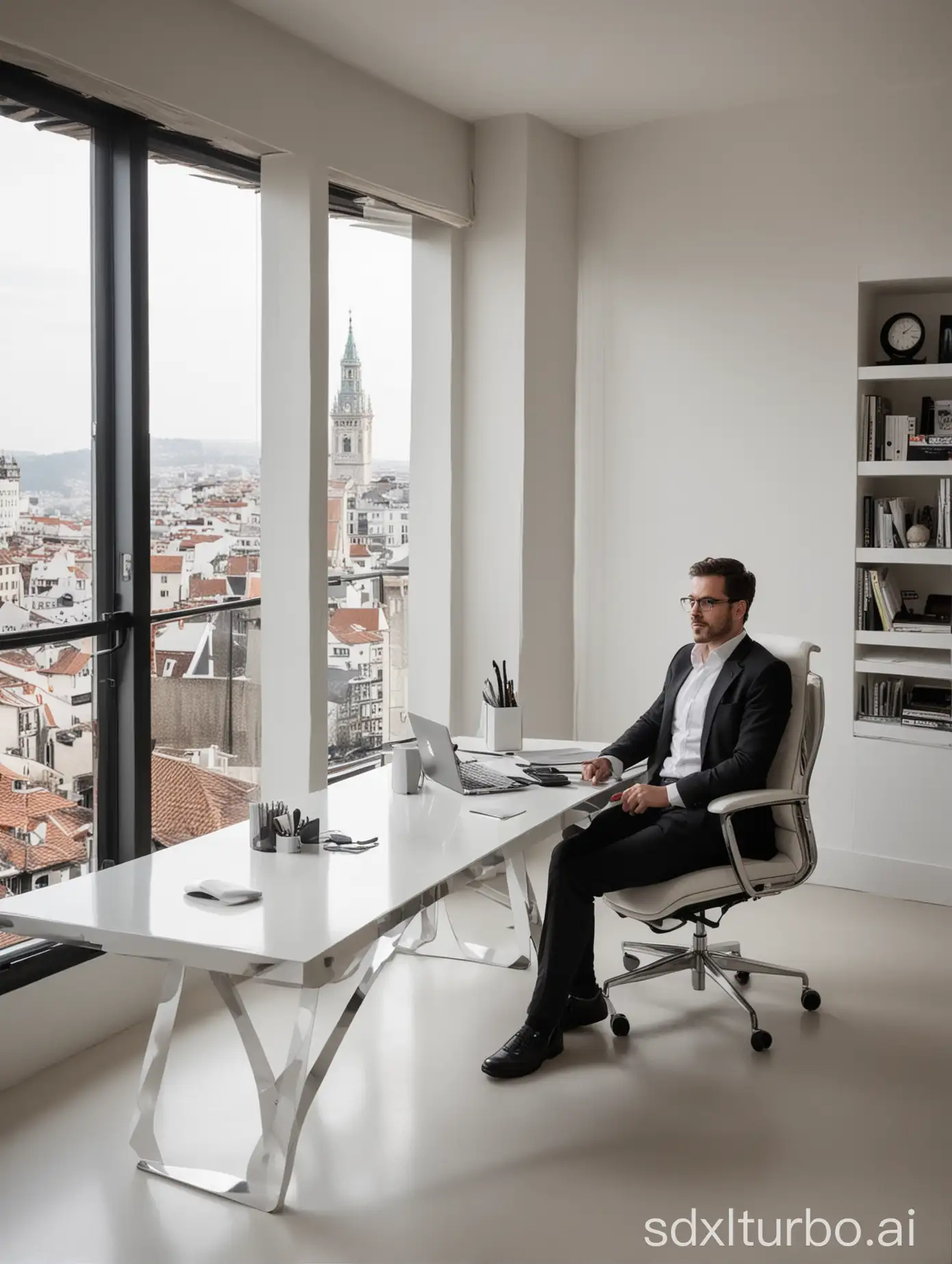 man-Architect-so beautiful office in the tower-modern table design-gentle man with black and white clothes-imac