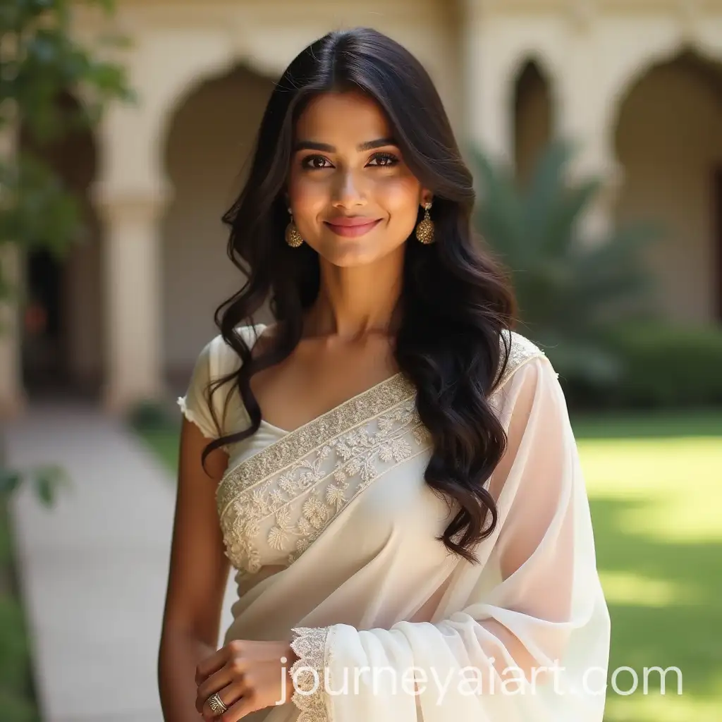 Elegant-Indian-Woman-in-White-Saree-Standing-in-Garden-or-Palace-Courtyard