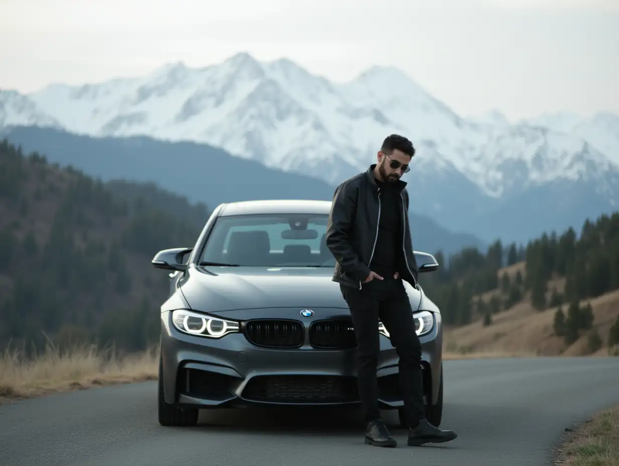 A man behind BMW car in front of mountains