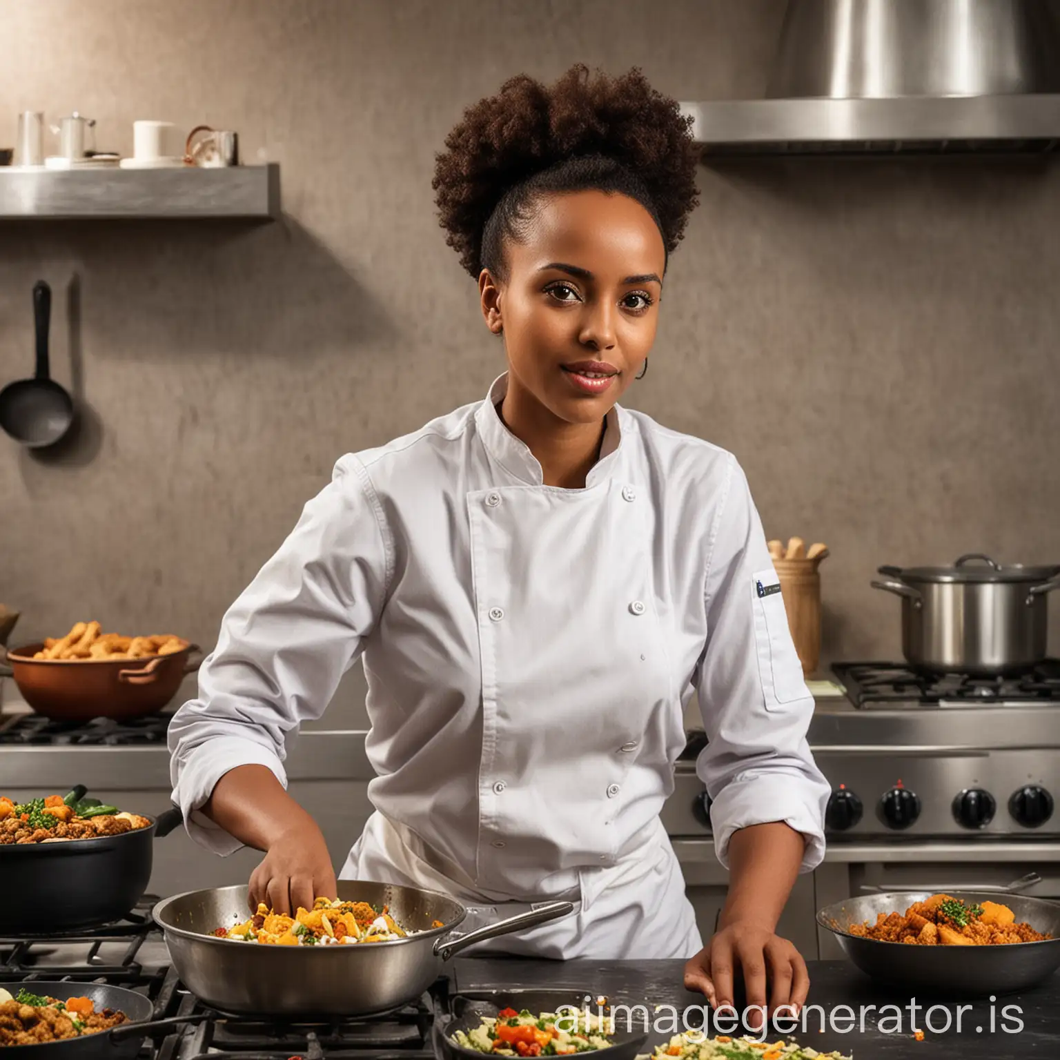 A beauty Ethiopian chef cooking food at the modern kitchen