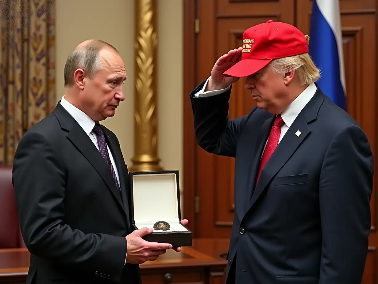 The Kremlin office. Vladimir Putin presents Donald Trump with a box containing an order. Donald Trump has a red baseball cap on his head and has placed his hand on his head in salute. Painted style oil.