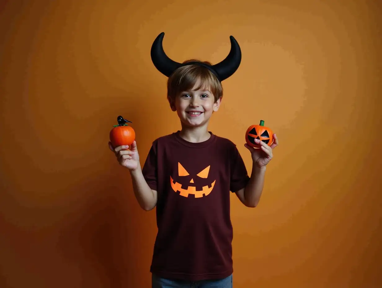 Boy in Halloween costume showing instant photonBoy making Halloween decoration.