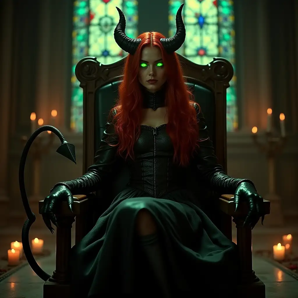 very very bright green glowing eyed beautiful Female demon, long flowing very dark red hair, 16th century Victorian leather battle garments, sitting on an ancient elegant throne in a dark and eerie cathedral in front of large stained glass windows, lit by candles, wicked look on her face, long curling tail with triangular tip, long sharp finger nails