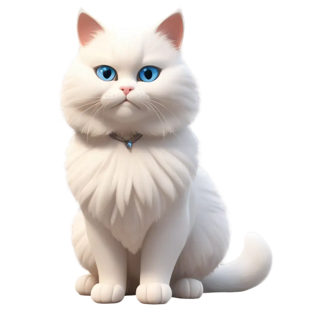 mega fluffy white cat with blue eyes in 3D style sits and looks straight ahead