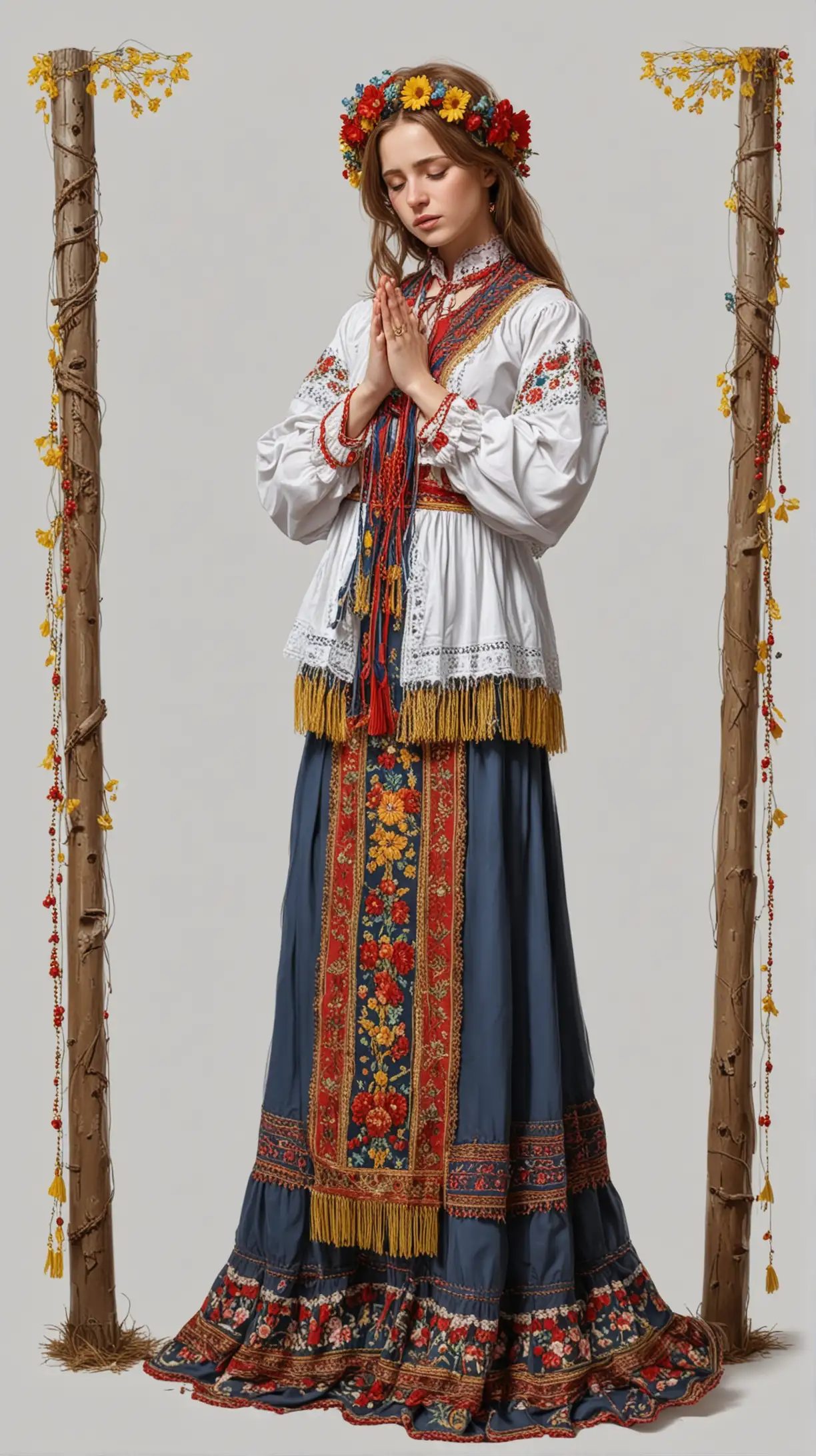 BrownHaired Woman Praying in Ukrainian Traditional Clothing with Red Beads and YellowBlue Wreath