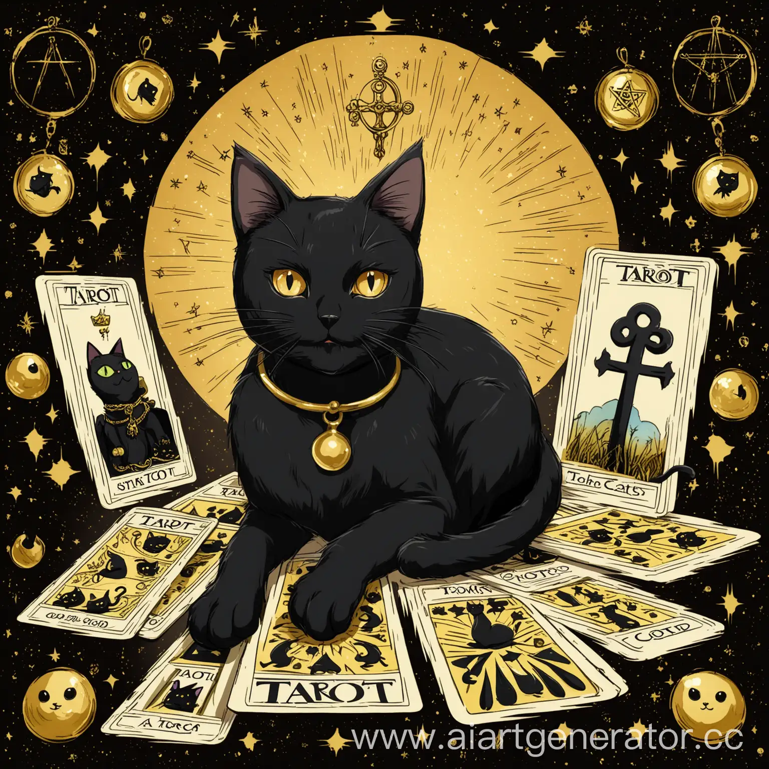 Black-Cat-with-Tarot-Cards-on-Golden-Background