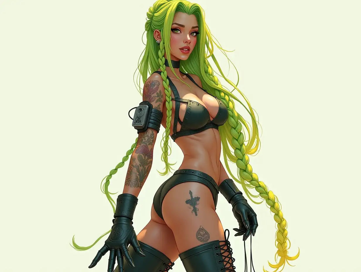 Depiction of a beautiful white woman with -tattoo, long mixed green-yellow braided hair in a futuristic style and laced boots.