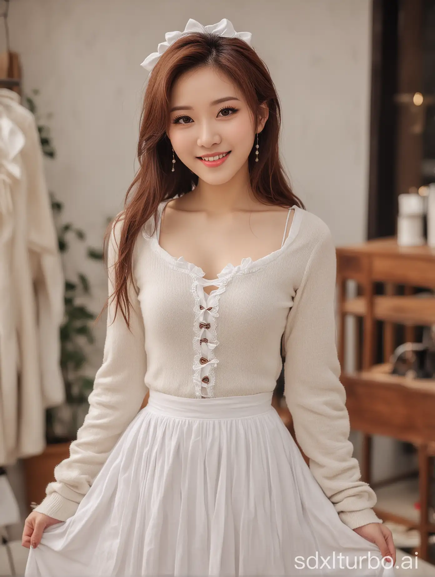 Chinese-Female-Singer-in-White-Winter-Skirt-at-Clothing-Store