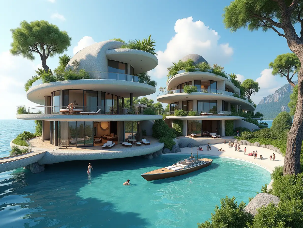 Create a high-resolution, realistic panorama image of a futuristic terrace building with a snail house window bridge, a yacht and a small beach with people, many plants and gray and brown facades with sea with waves, large trees, blue sky