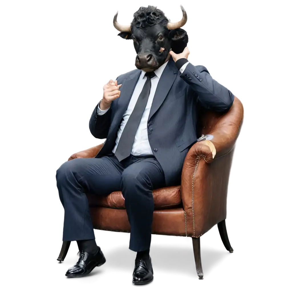 PNG-Image-Bull-in-Coat-Suit-Reading-Newspaper-and-Crying-in-Chair