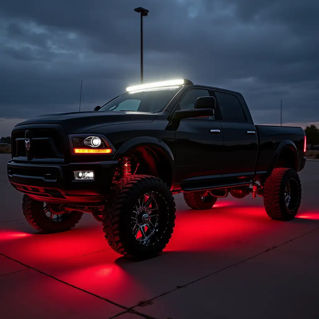 Dodge Ram Cummins Diesel engine blacked out with red underglow straight piped on each side with red rim LEDs on big Silver rims lifted add Ram to the grill and have the front lights be bright white LEDs along with the light bar on top