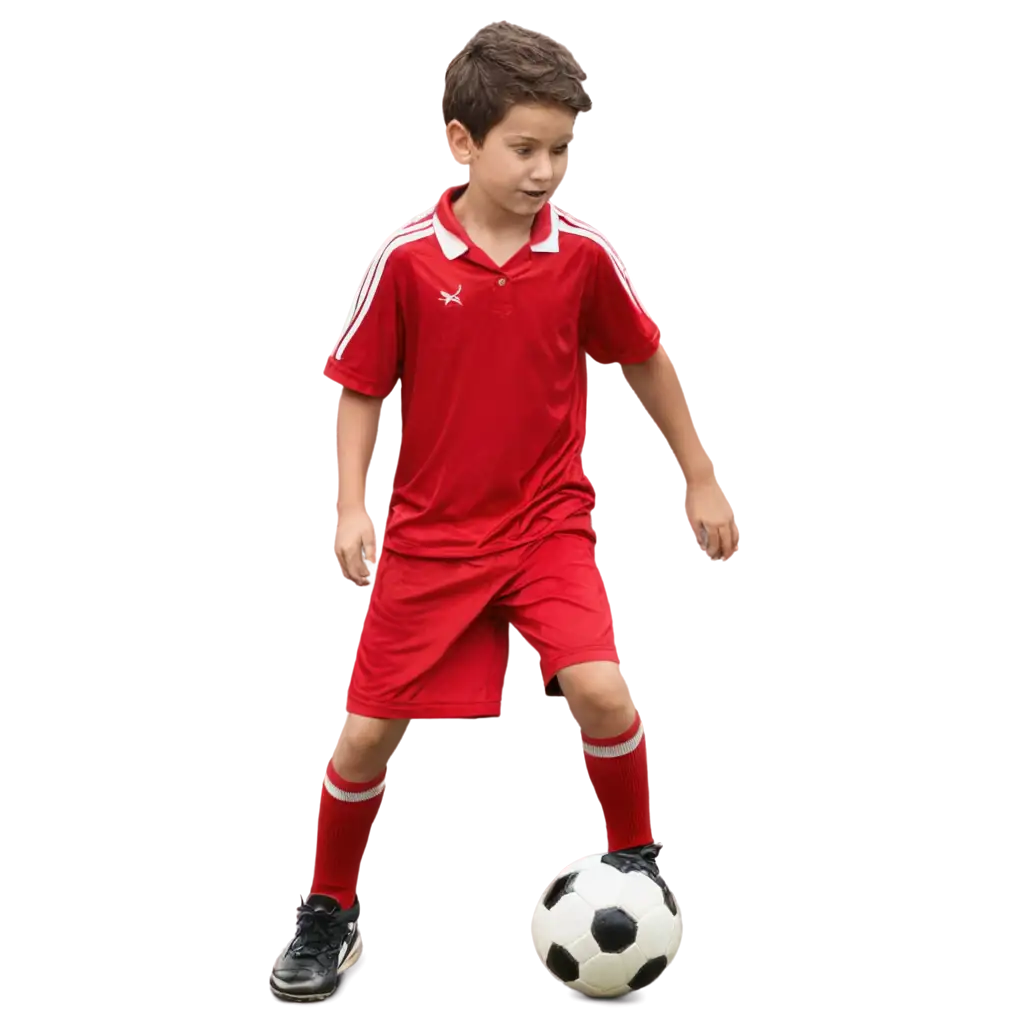 a young boy hitting a ball with his foot with football dress