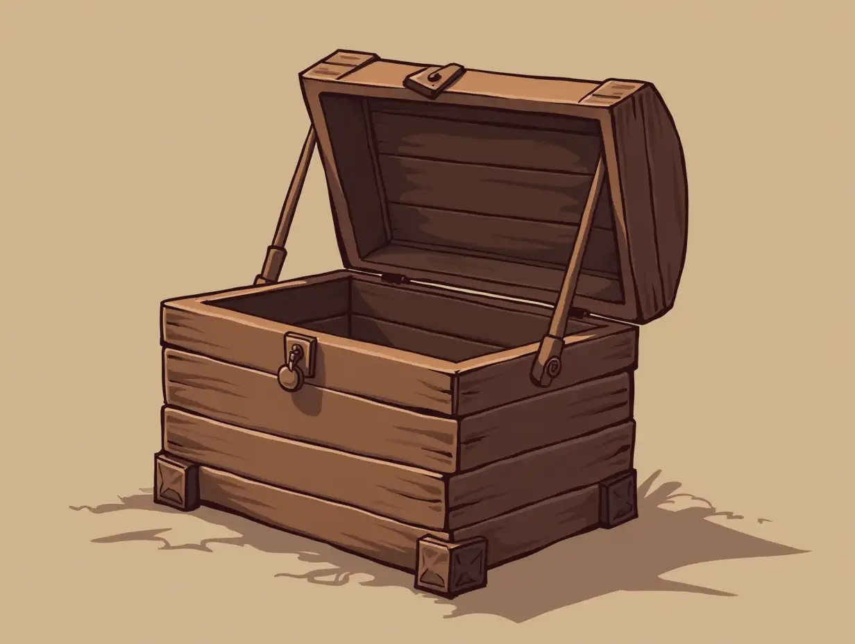 Create an open wooden box in dark brown with a cartoon style