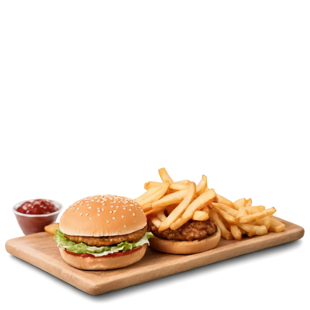 Fresh tasty Delicious Cheese chicken burger with french fries with wooden plate