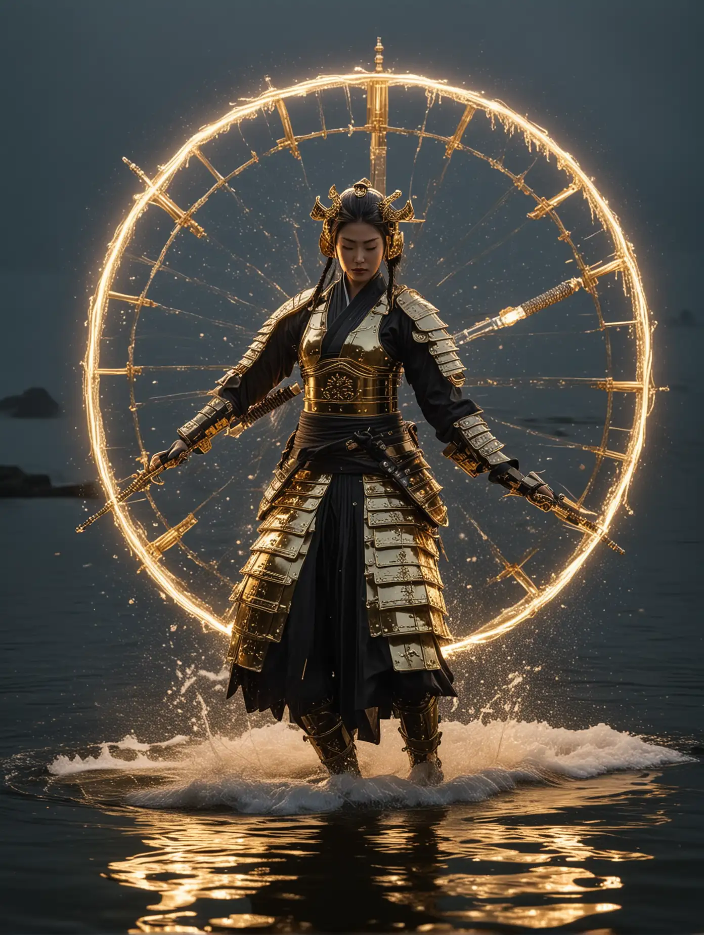 Samurai-Warrior-in-Chrome-Gold-Armor-Levitating-Over-Water-with-Portal-Wheel