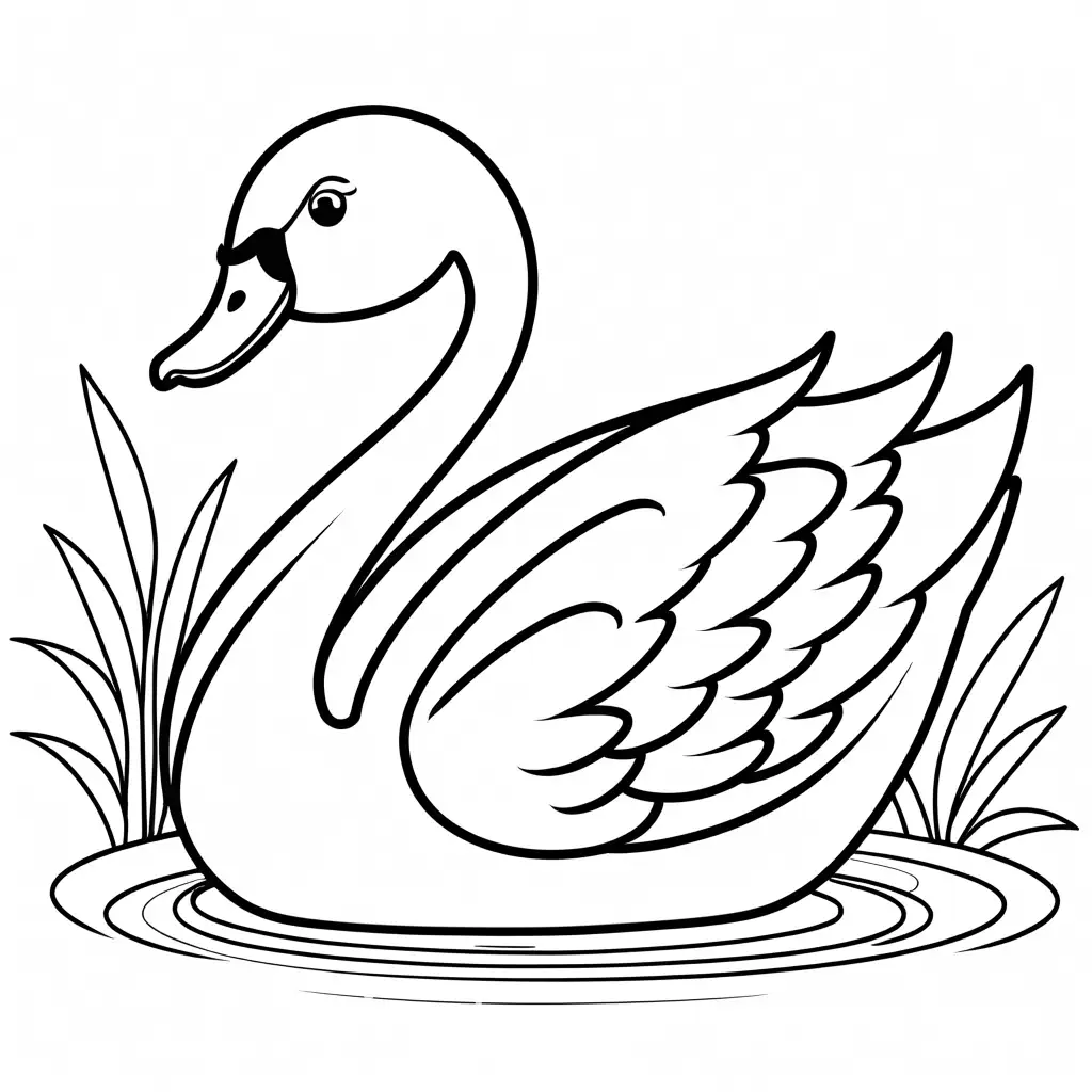 happy cute swan smiling coloring page for toddlers, Coloring Page, black and white, line art, white background, Simplicity, Ample White Space. The background of the coloring page is plain white to make it easy for young children to color within the lines. The outlines of all the subjects are easy to distinguish, making it simple for kids to color without too much difficulty