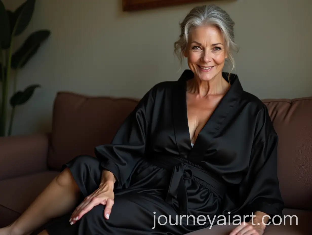 Elegant-Mature-Woman-in-Black-Silk-Kimono-on-Sofa
