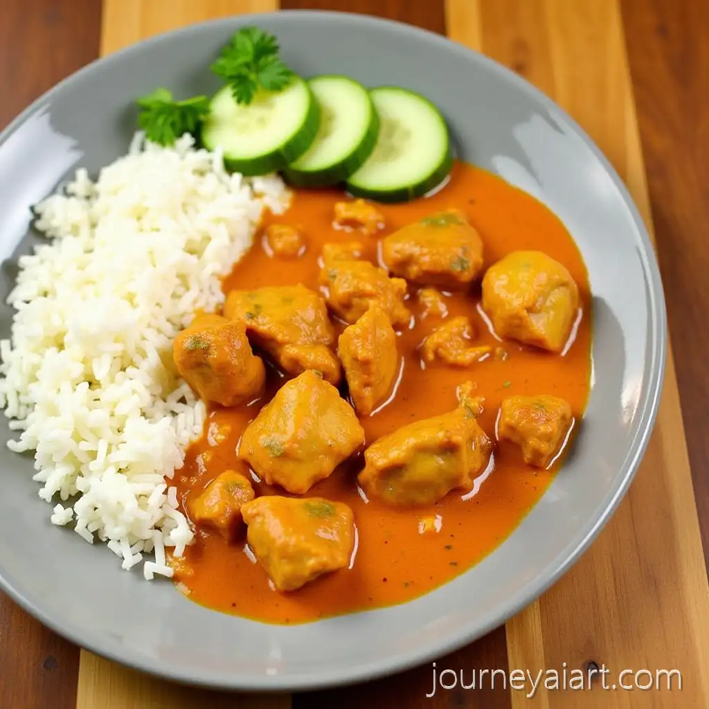 Delicious-Butter-Chicken-with-Rice-and-Fresh-Cucumber-Garnish-on-Wooden-Table