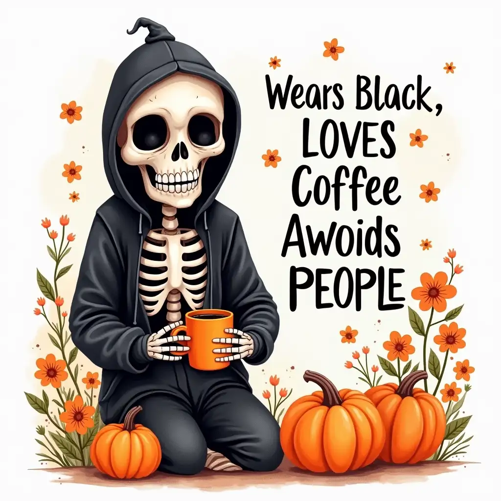 Vector, Watercolor ART. Create a vibrant, Halloween-themed image featuring a skeleton holding a coffee cup. The skeleton should be wearing black clothing and surrounded by flowers and pumpkins. The text 'Wears Black, Loves Coffee, Avoids People' should be written boldly, in a contrasting font. The overall mood should be playful and spooky.