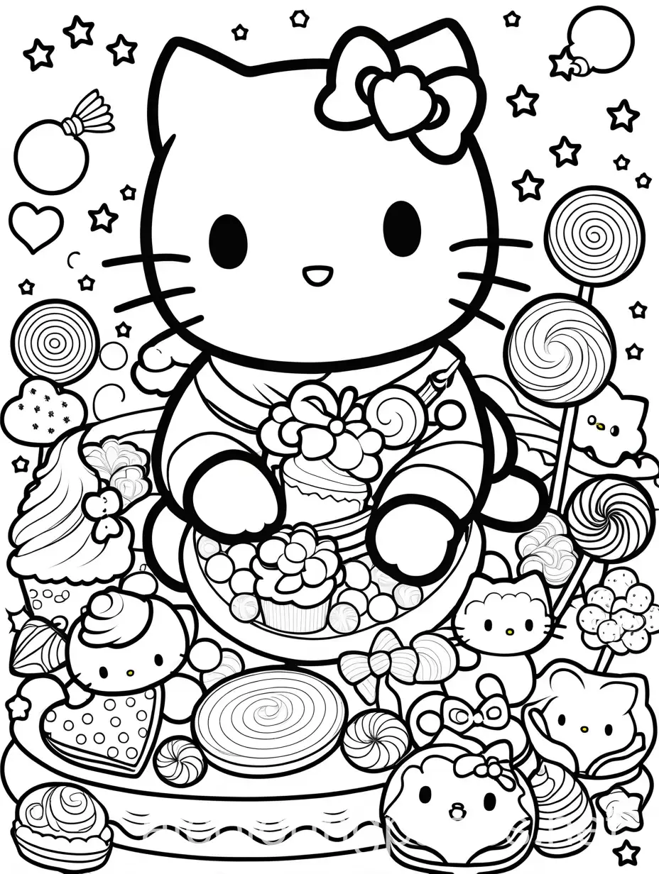 Kawaii, cute, cats, candy, rainbows, sweets, adorable, hello kitty core, kisa frank vibes, detailed , Coloring Page, black and white, line art, white background, Simplicity, Ample White Space. The background of the coloring page is plain white to make it easy for young children to color within the lines. The outlines of all the subjects are easy to distinguish, making it simple for kids to color without too much difficulty