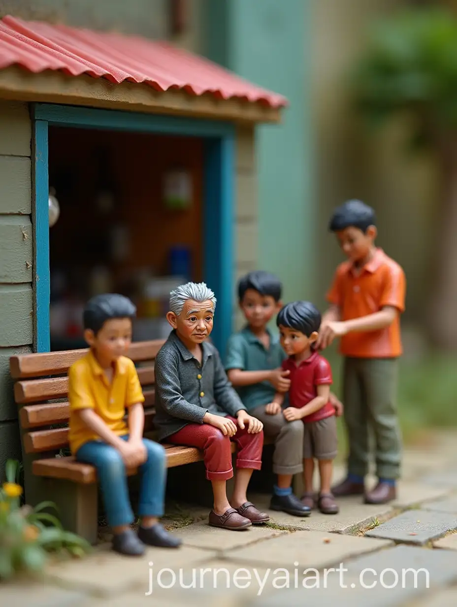 Miniature-Scene-with-Diverse-Characters-Waiting-on-a-Bench-Outside-a-Kiosk