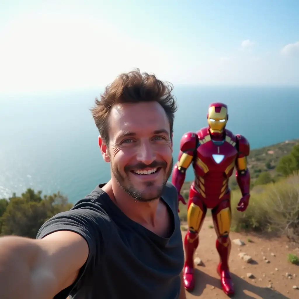 Handsome man taking selfie with Iron Man on top of the hill, sea view behind him