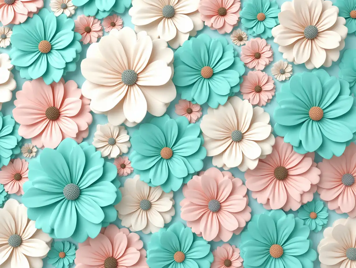 Create an image of a floral pattern with a mix of teal, white, and pink flowers. The flowers should have multiple layers of petals, with each petal having a smooth, slightly curved texture. The center of each flower should be detailed with a textured, spherical shape. The overall arrangement should be dense, with flowers overlapping each other, creating a rich and vibrant composition. The background should be subtle and complement the colors of the flowers. 3D art nouveau, Flat