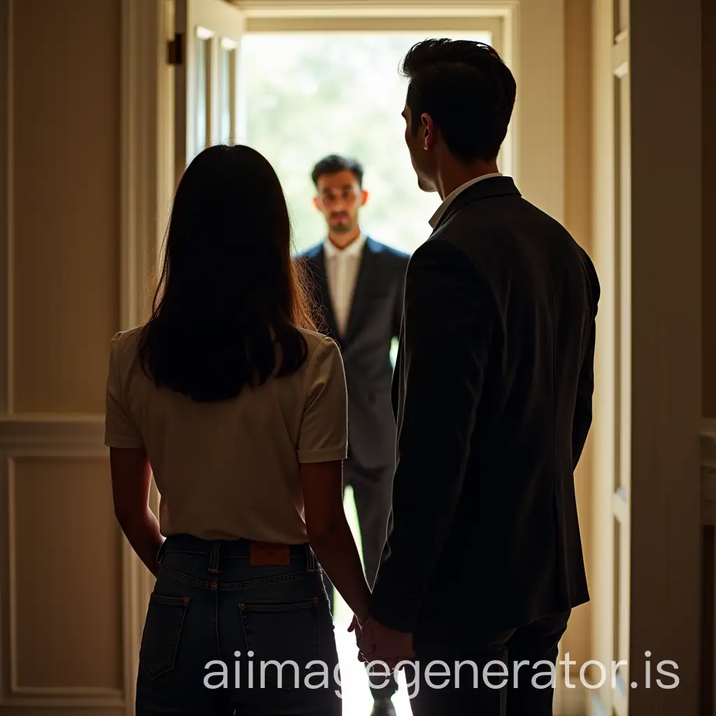 Latina-Woman-and-Man-at-Open-Door-with-Elegantly-Dressed-Young-Man-Inside