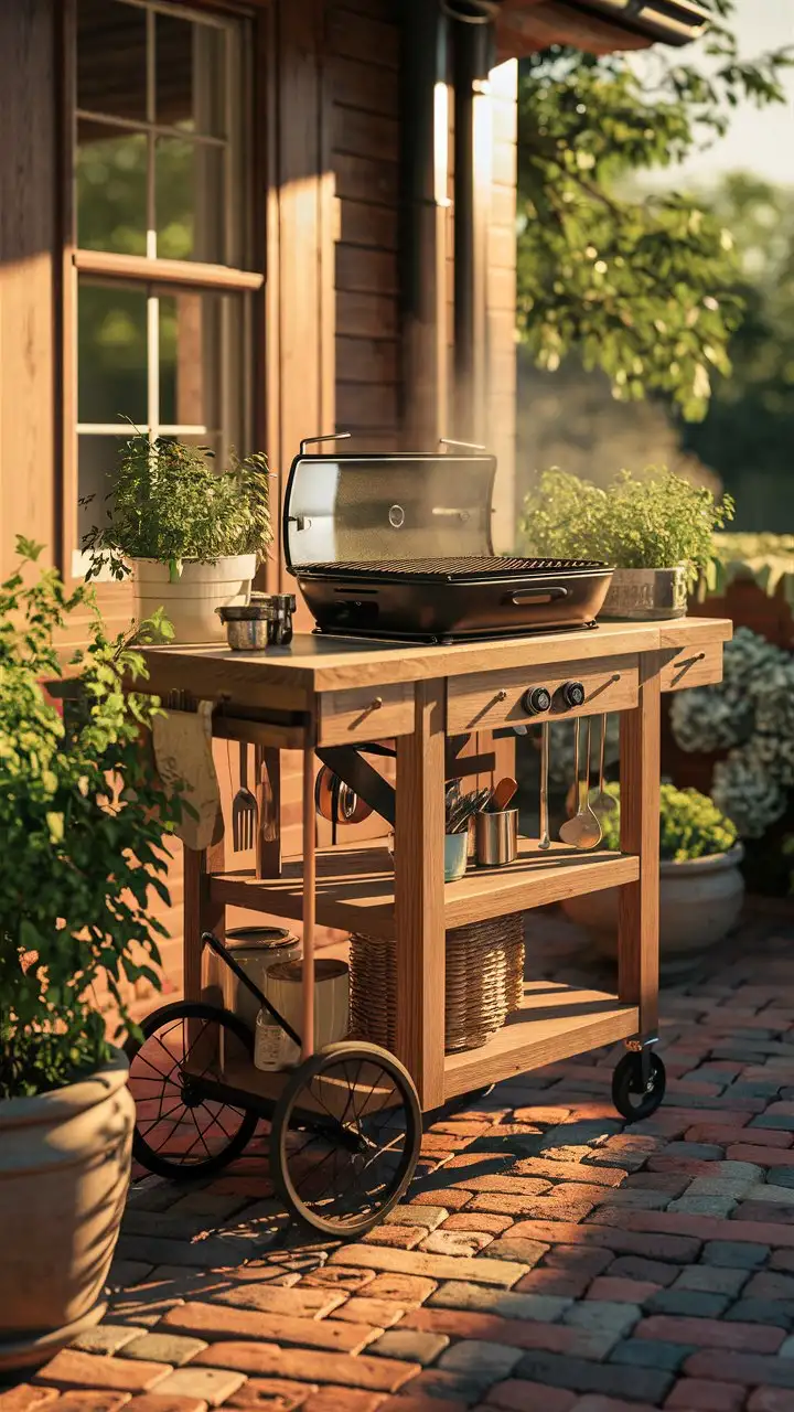 Stunning real incredible DIY Outdoor Kitchen Mobile Cart, wide shot, farmhouse style, wooden cart with wheels, butcher block countertop, portable charcoal grill on top, open shelving for utensils, garden herbs in pots, brick patio, sunny afternoon, realistic, photorealistic, 8k, high detail