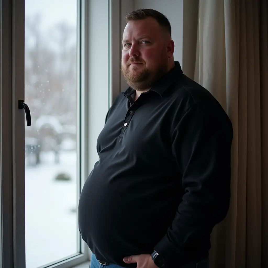 MiddleAged-Man-with-Beer-Belly-Near-Snowy-Window-in-Black-Shirt