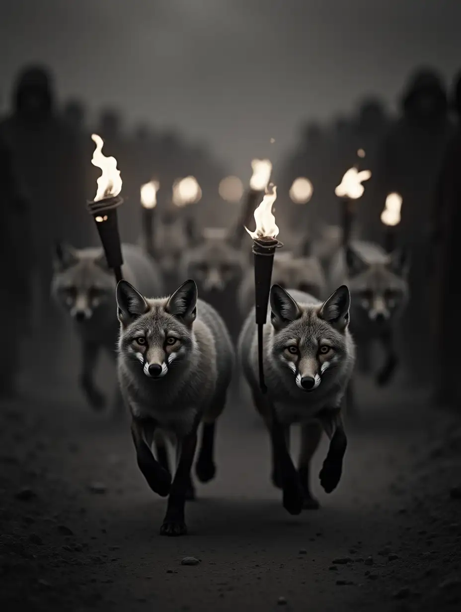 A dramatic scene showing pairs of foxes, each tied together with a torch on top of them like Judges 15:4, running through a darkened, mysterious environment. The foxes are fierce and determined, with glowing eyes, as they charge forward in synchronized pairs. The torches burn brightly between each pair of foxes, illuminating the path ahead with an eerie light. The background is shadowy with blurred figures of people, emphasizing the intensity and energy of the moment, symbolizing unity, movement, and purpose in the darkness, the image is all black and white except for the flames which are in colour