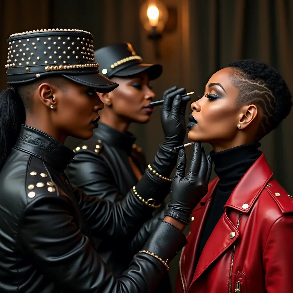 Black-Female-Makeup-Artists-Applying-Bold-Makeup-on-Cynthia-Erivo-in-Leather-Fashion