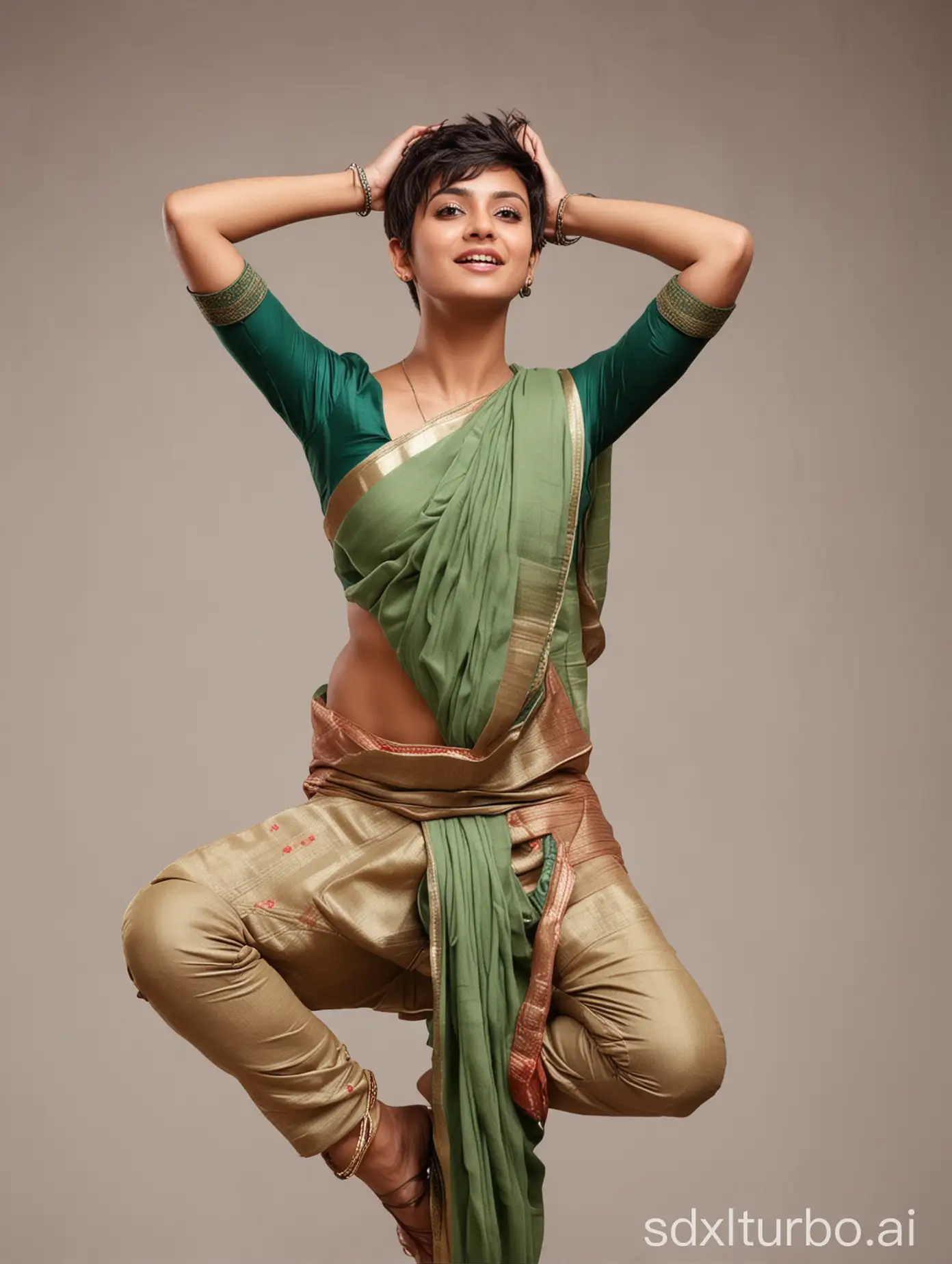 Tomboy-Pixie-Hair-Girl-in-Blouse-Saree-Standing-with-Raised-Arms