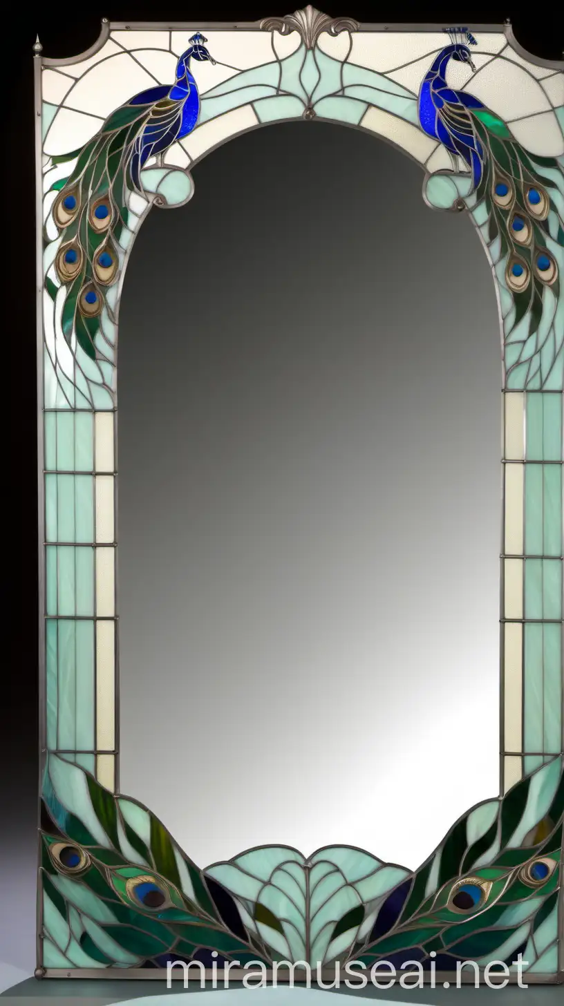 Art Nouveau Stained Glass Mirror with Peacock Feathers