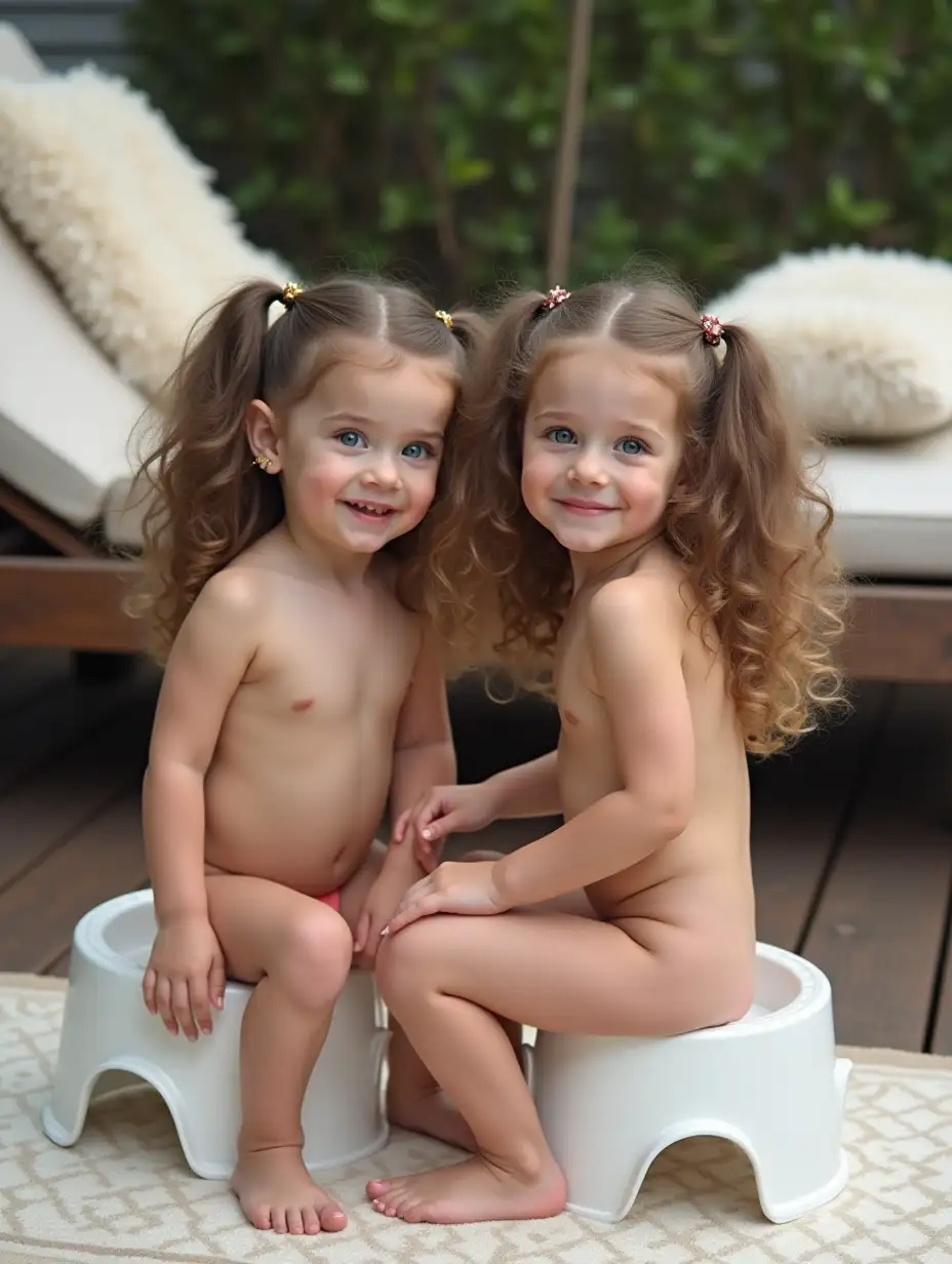 Two-Young-Girls-on-Potty-Chairs-with-Smiling-Expressions-and-Cozy-Outdoor-Setting