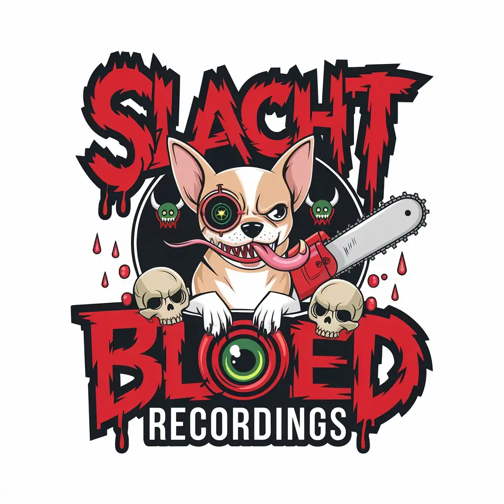 LOGO Design for Slacht Bloed Recordings Aggressive Chihuahua with Chainsaw Blood Skulls and Cyber Eye Theme