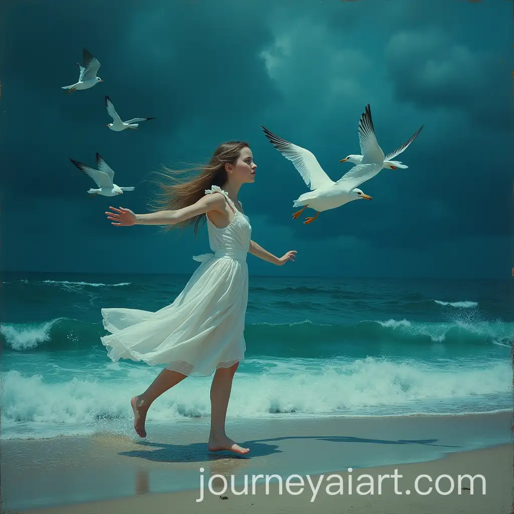Whimsical-Scene-of-a-Girl-Walking-on-the-Beach-in-a-White-Dress