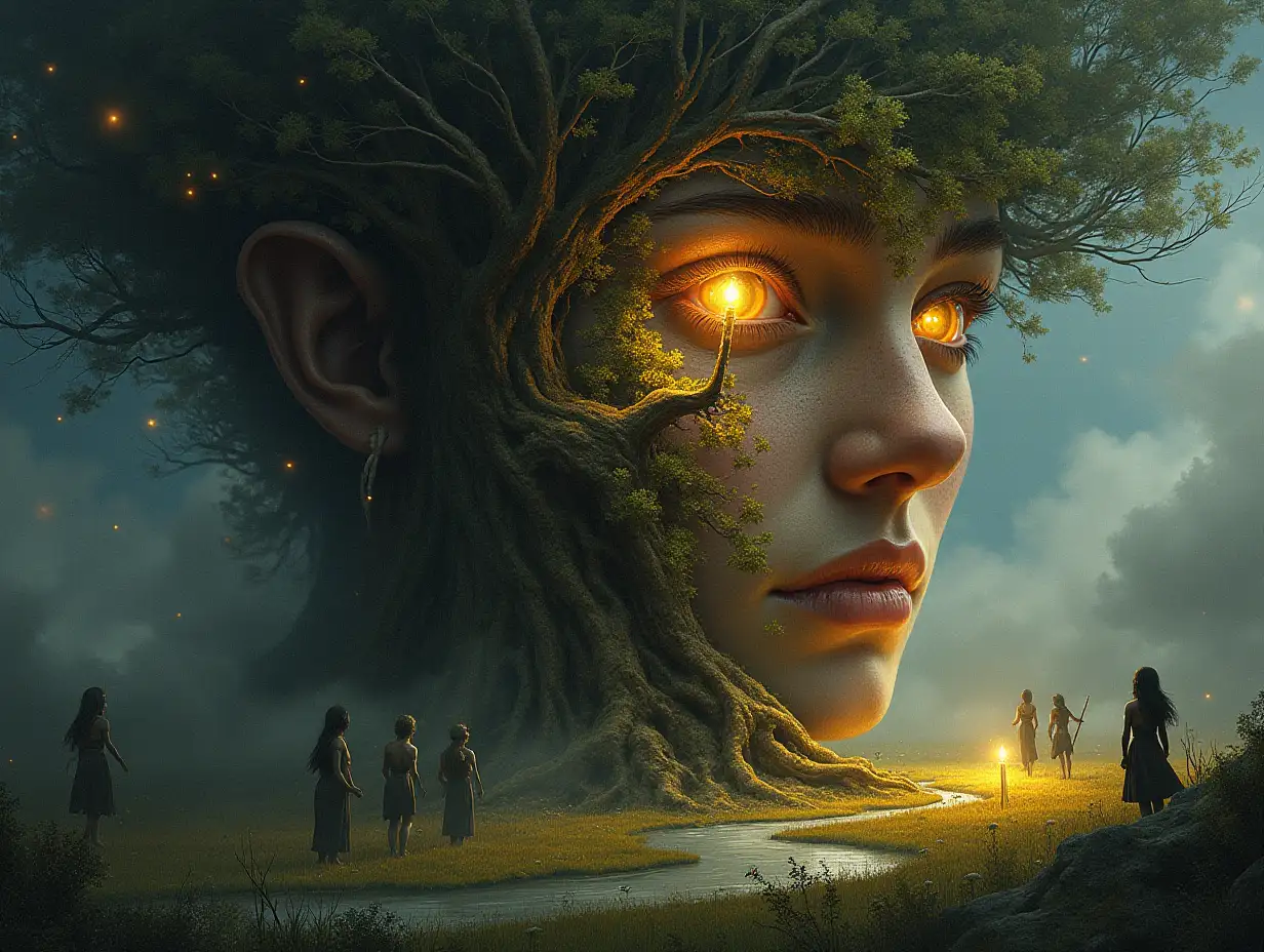 Creating a digital painting of a face with hair, that turns into a building with gold stones and lit trees with roots river and lamps and strange fairy creatures on a meadow