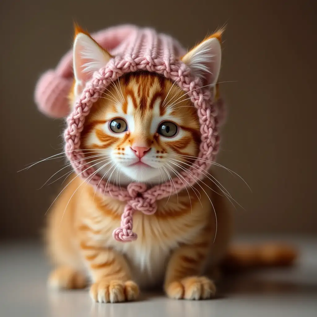 ginger cute real kitten in knitted hat with body of halva