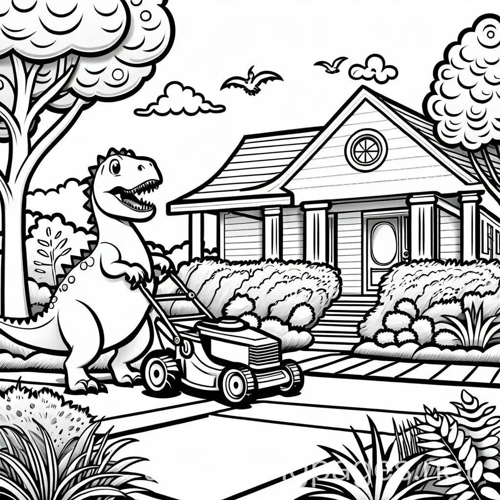 Dinosaur-Mowing-the-Lawn-A-Whimsical-Coloring-Adventure