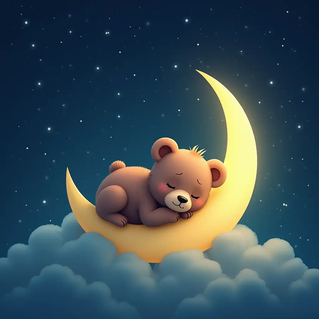 Adorable-Bear-Cub-Sleeping-on-a-Crescent-Moon-Under-a-Starry-Night-Sky