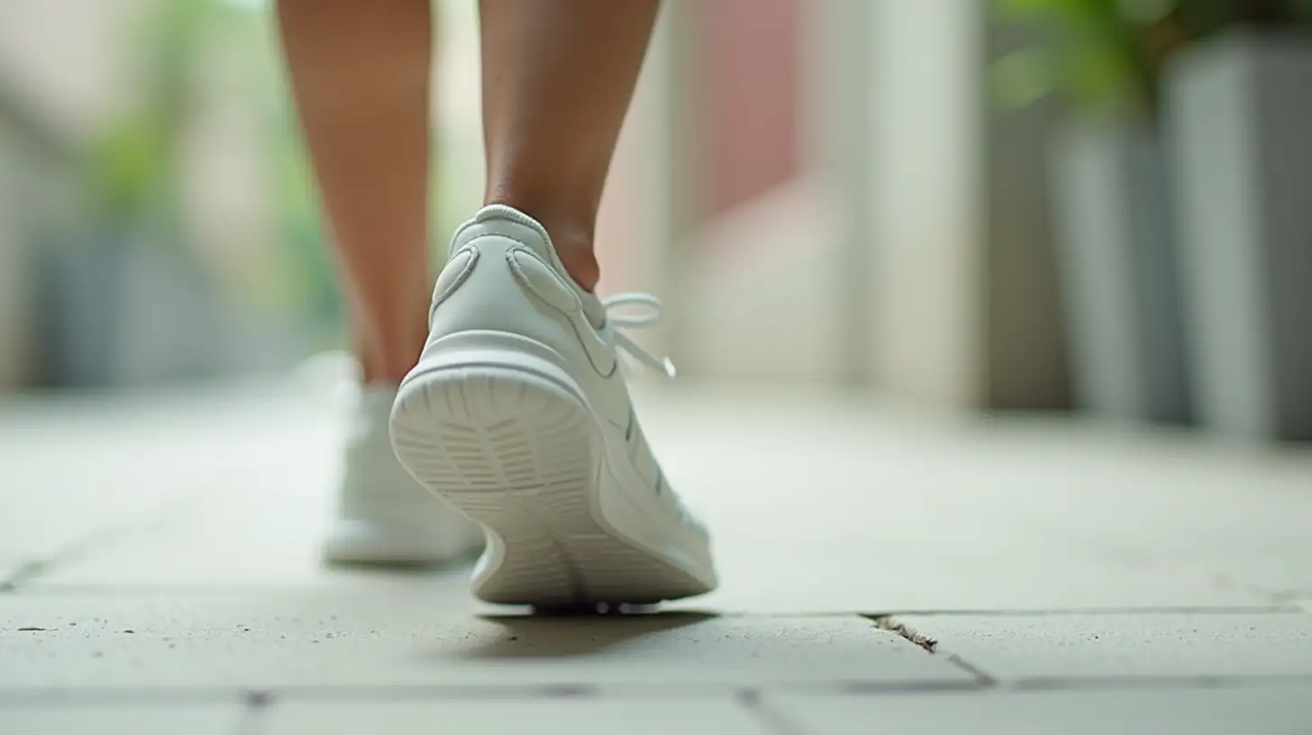 Close-up of the bottom of a walking person's white-soled sneakers, shot from the left rear above, walking on a concrete floor with fine cracks on it, bright tones, outdoor