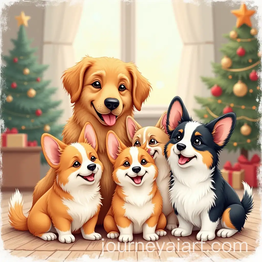 Six-Joyful-Dogs-in-a-Cozy-Indoor-Christmas-Setting-with-Soft-Pastel-Tones