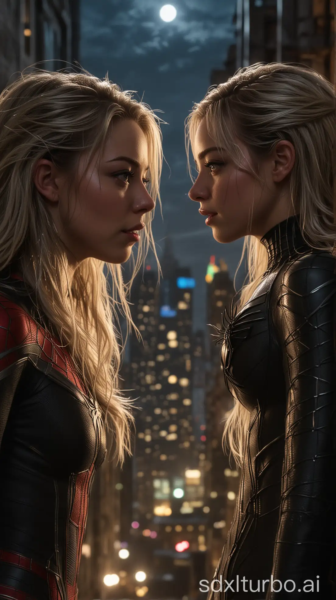 sydney sweeney as black cat with spider man togather, looking each other, in night, on building hyper realistic, nighttlight destruction