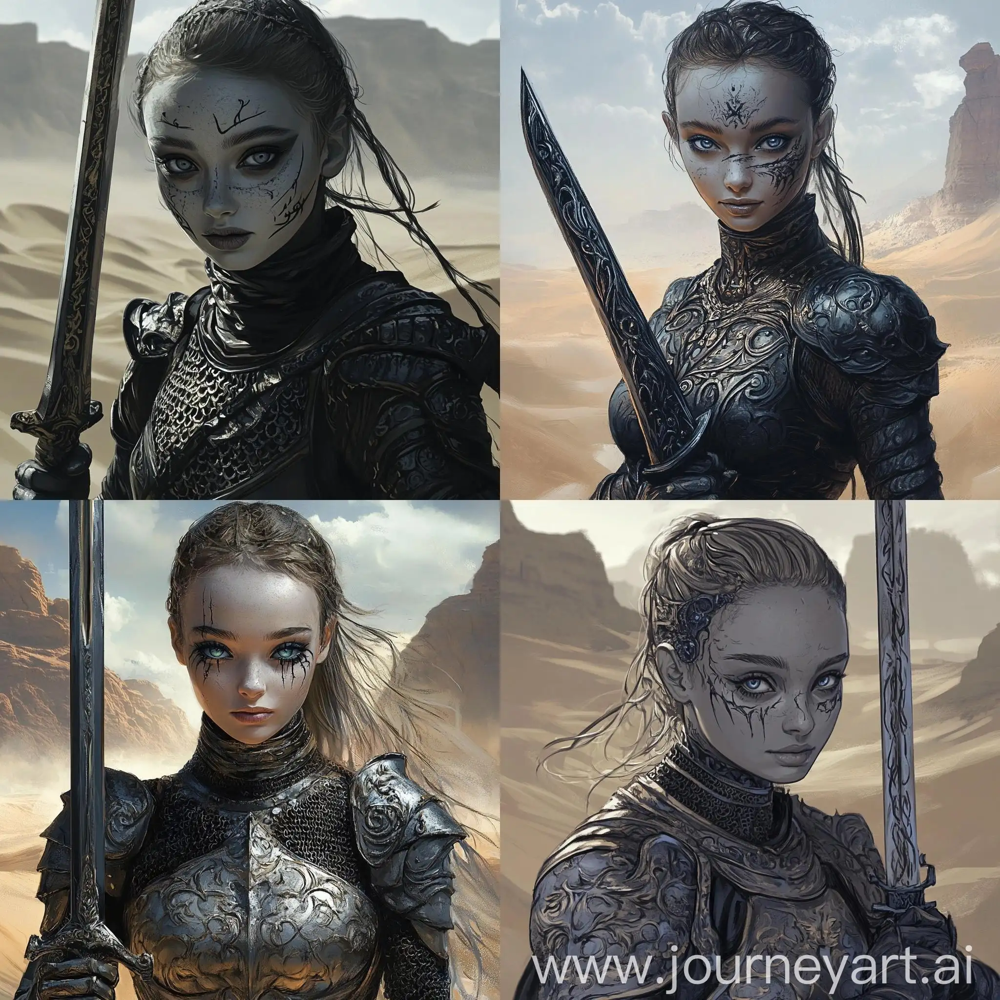 Girl-in-Chainmail-Holding-Sword-in-Mythical-Desert-Mountains