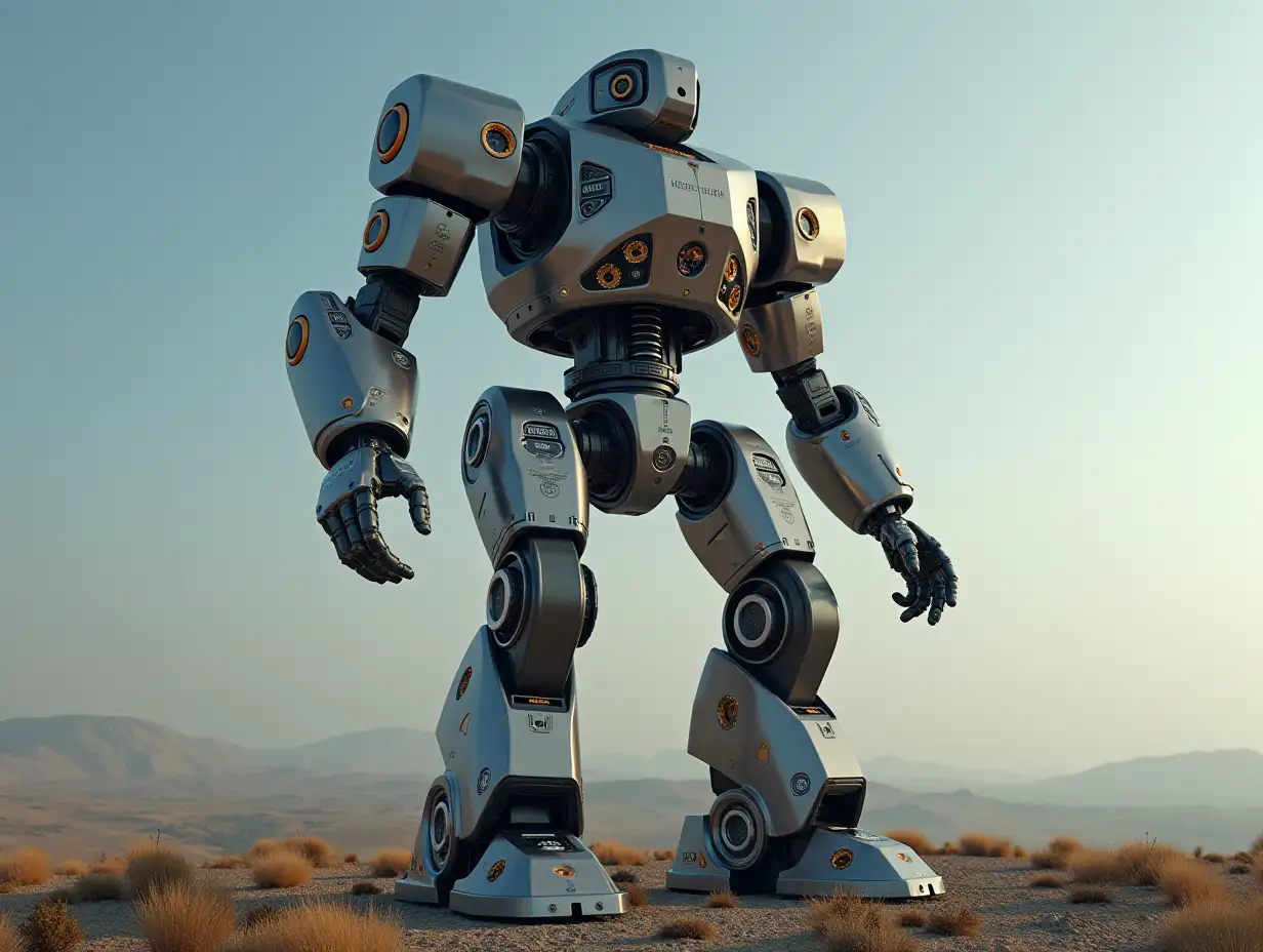 Create a high-resolution, realistic image of the artificial intelligence Robert, 40 meters tall, with a motor made of many parts, from Jupiter 4k resolution