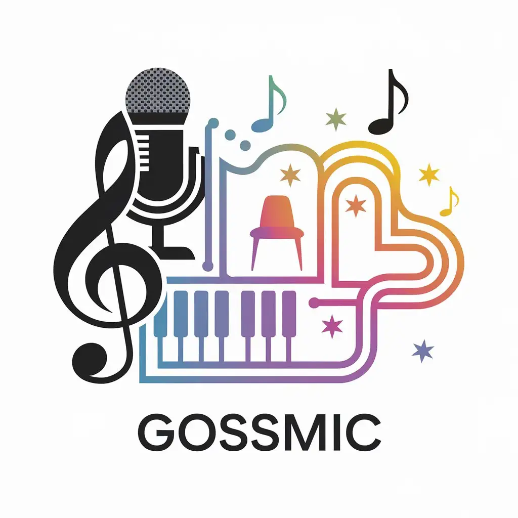 LOGO Design for GOSSMIC Modern Entertainment Industry Logo with Microphone Piano Chair and Music Notes