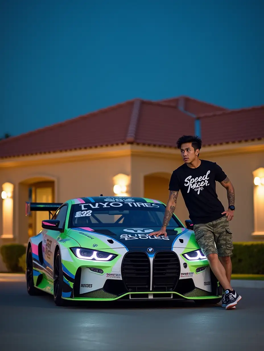 A Indonesian man with medium messy hair, has tattoos on his arms, wearing sportwatch, wearing black 'Speed Racer' graphic design t-shirt, camoflage cargo shorts, nike air sneakers, stands lean on a sleek, modern sports car parked on a residential street in Riyadh Neighborhood. at night, extremely high-performance race car on a smooth asphalt track. The car is a 2024 BMW M4 G82 with a modern, aerodynamic design, characterized by a prominent front grille and sharp, angular lines. It sports a vibrant livery with a mix of white, green lime, pink, and blue colors, creating a striking visual contrast. Various sponsor logos, including 'TOYO TIRES' and 'HKS', are prominently displayed across the body in bold, white lettering. The car's wheels are black with neon green accents, adding to its dynamic appearance.  The background includes a suburban setting with a house featuring a terracotta roof and beige walls in Riyadh street Neighborhood. The sky is clear and blue, suggesting a night day. The car's license plate reads 'K 3 YZ'.